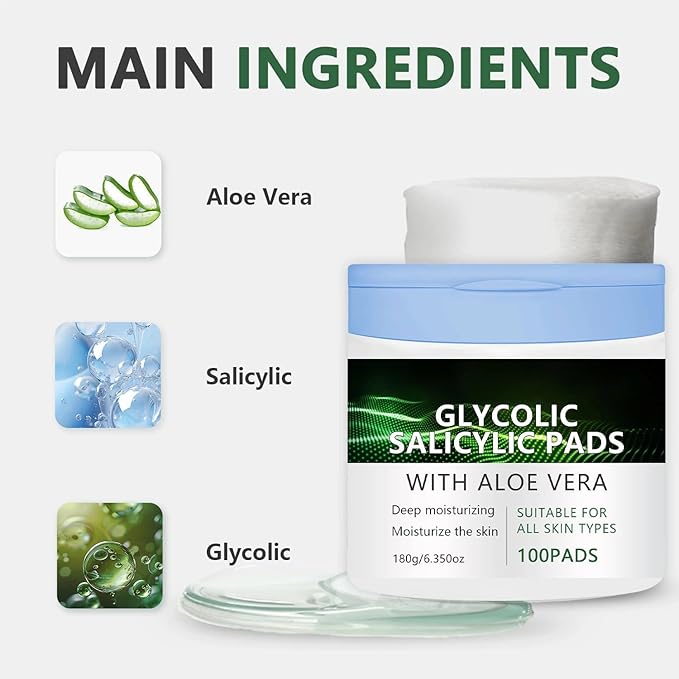 Glycolic Acid & Salicylic Acid Pads – Soft and Smooth Face Exfoliating Toner Pads with Aloe Vera – Hydrating Daily Use Pads for Sensitive Skin, 100 Count (2 Pcs)