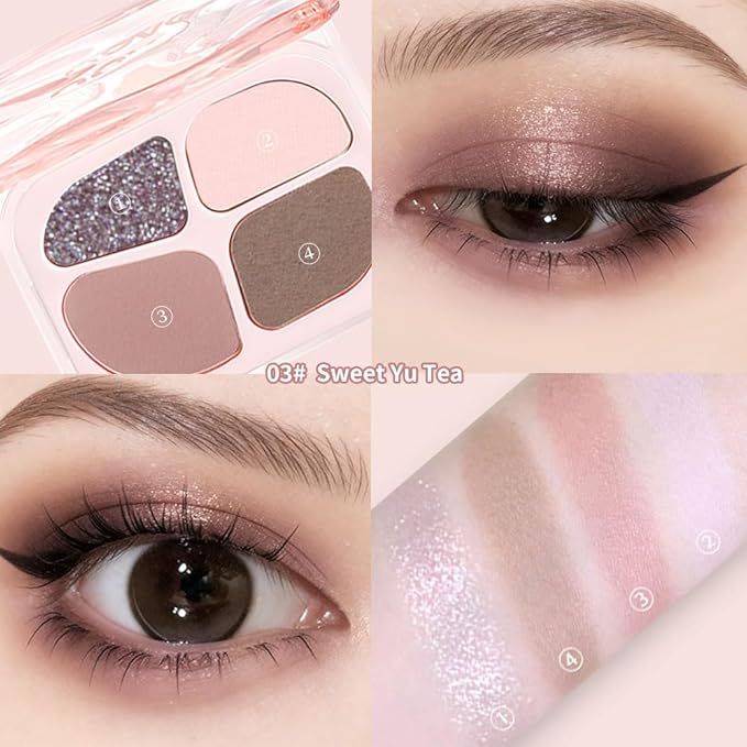 Pink Eyeshadow Palette – 4-Color Mauve Nude & Baby Pink Matte Shades with Lavender Silver Glitter, High Pigment Long-Lasting Blendable Eye Shadow Quad for Daily Soft Glam & Natural Cool Tone Looks