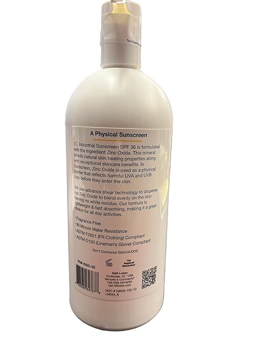 I.C. Industrial Sunscreen Mineral Based SPF 36 Physical Zinc Protection Full Broad Spectrum, 80 Minute Sweat & Water Resistant, Heat Stress, Anti-Inflammatory Properties. USA 32oz Bottle (ISSC-32)