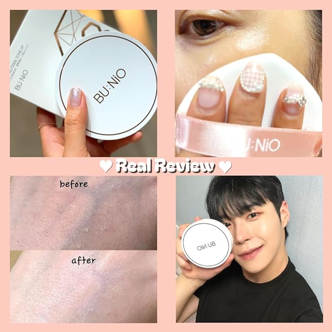 BU:NiO Calming Cool Tone up sun Cushion Foundation SPF50+ CC/BB Cream(0.88FlOz) Transparent&Natural tone-up&Even skin tone-Whitening&Wrinkle Improvement,Derma tested (Pink Beige, 0.88Fl Oz (Refill))