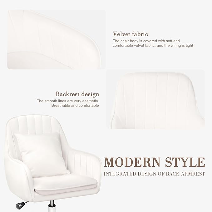 Mid Back Velvet Vanity Chair Swivel Rolling Desk Chair with Wheels, Modern Upholstered Makeup Chair for Women Girls, Computer Task Chair for Bedroom Living Room Office, White