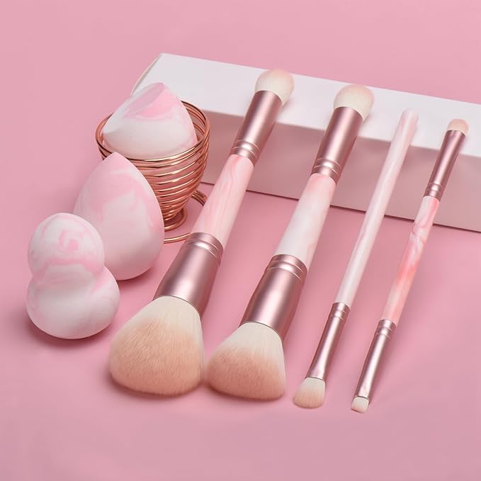 Pink Makeup Brushes set, 4 Dual-Ended Brushes, 3 Makeup Sponges & 1 Metal Stand, Professional Complete Cosmetic Brush Set, for Foundation Powder Blush Eyeshadow