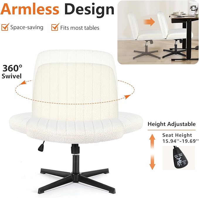 Sweetcrispy Criss Cross Chair Legged, Armless Office Wide Desk Chair No Wheels, Swivel Vanity Height Adjustable Fabric Modern Computer Task Seating for Home - Teddy Beige