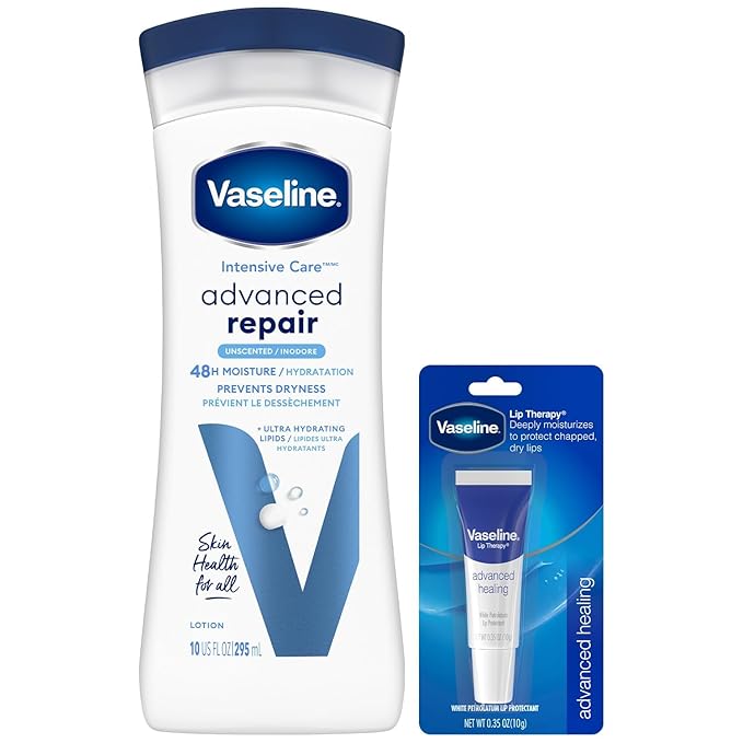 Vaseline Intensive Care Lotion, Unscented, Advanced Repair – Non-Greasy Moisturizer for Extremely Dry Skin + Professional Lip Therapy Tube