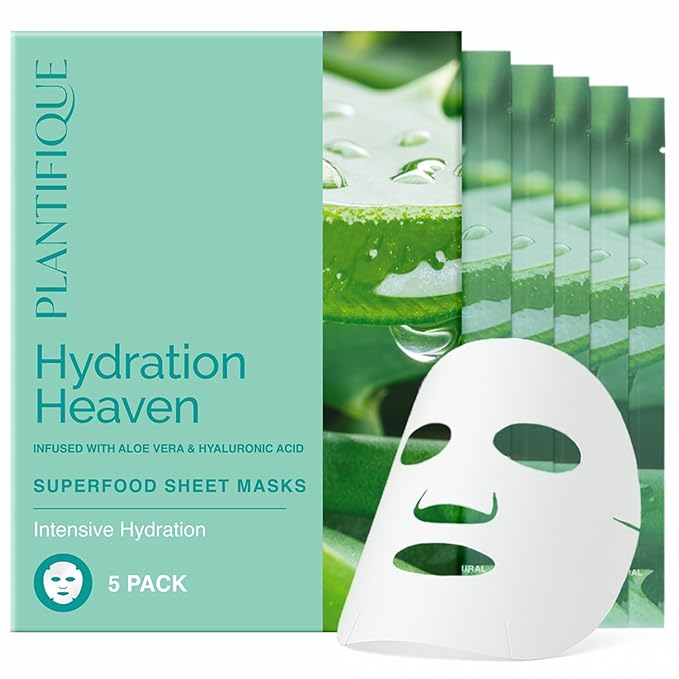 PLANTIFIQUE Facial Sheet Mask Hydration Heaven 5 pack – Aloe Vera and Korean Glycolic Acid Toner Pads with CICA, 60 Pcs