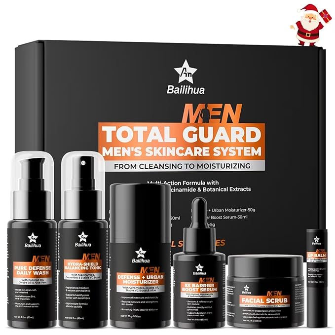 Gift for Men Skincare Skin Care Set for Men Him Complete Routine Kit with Niacinamide & Ceramides - Face Cleanser, Scrub, Toner, Serum, Moisturizer Cream, Lip Balm - Christmas, Valentine's Day Gifts