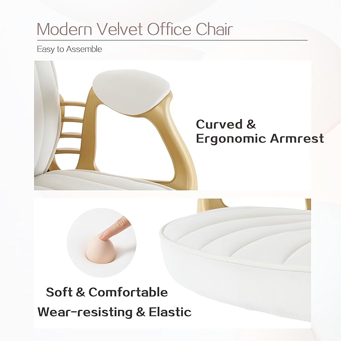 Velvet Home Office Chair with Gold Arms and Legs, Comfortable Upholstered Tufted Swivel Desk Chair Comfy with Wheels for Girls Women Study Bedroom Living Room,Cream