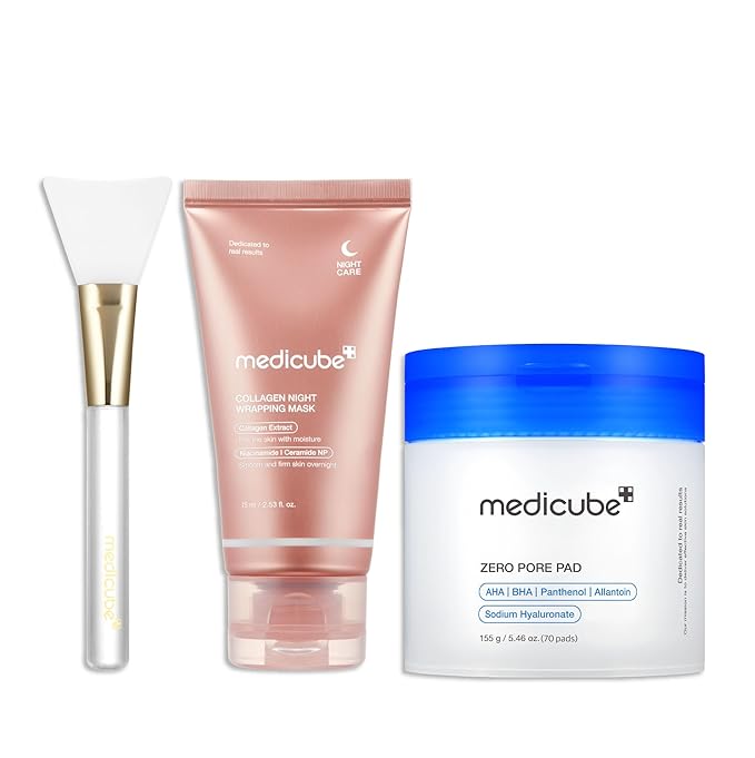 Medicube Korean Viral Duo for Glass Glow Skin: Zero Pore Pads 2.0 and Collagen Overnight Wrapping Peel Off Facial Mask Pack and Jelly Brush, Gifts for Women, Skin Care Set