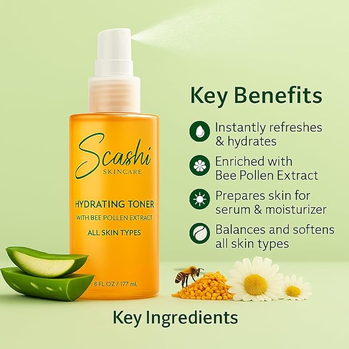 Hydrating Toner with Bee Pollen Extract- All Skin Types. Ginseng, Chamomile, and Geranium (6 fl oz/ 177 ml).