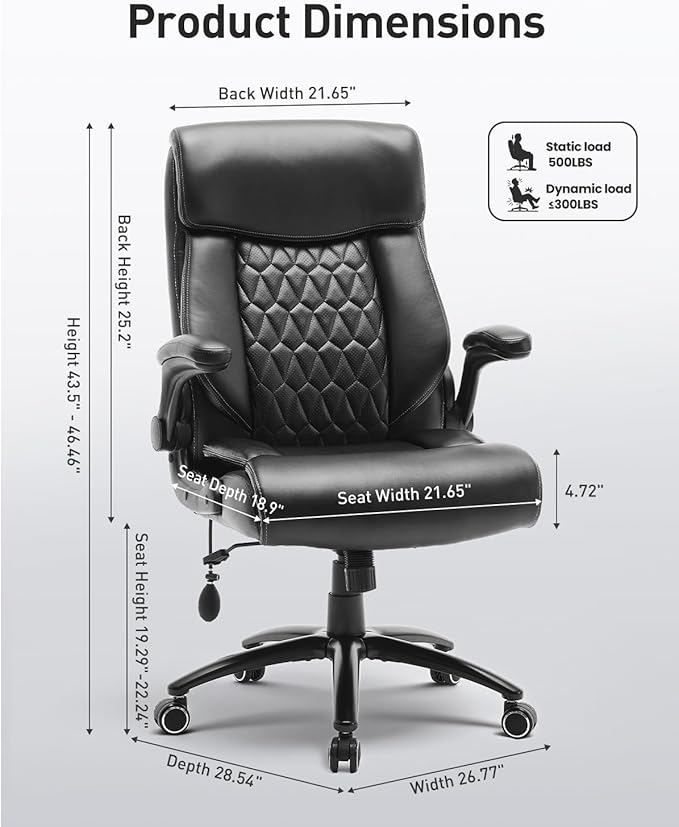 500LBS Big and Tall Office Chair, Heavy Duty Office Desk Chair with Padded Flip-Up Arms, Adjustable Lumbar Support & Tilt Lock, High Back Ergonomic Executive Computer Chair for Work & Study