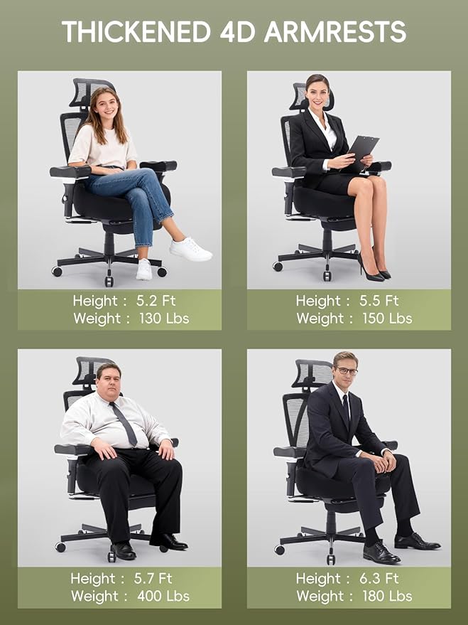 Big and Tall Office Chair 550lbs, Ergonomic Desk Chair with W Thick Cushion&4D Armrest, Executive Mesh Desk Chair with Adjustable Lumbar,2D Headrest,Footrest, Swivel Task Chairs for Home Office Gaming