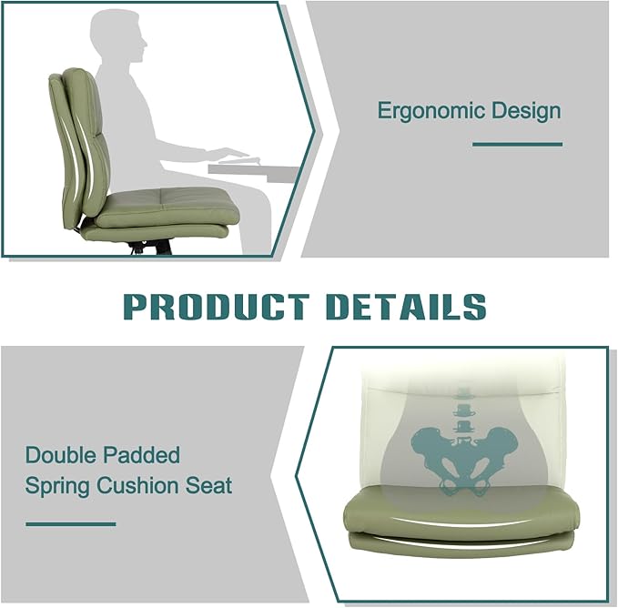 LUCKWIND Armless Office Desk Chair with Wheels,Double Padded PU-Leather Chairs for Office & Bedroom, 014 New (Green)