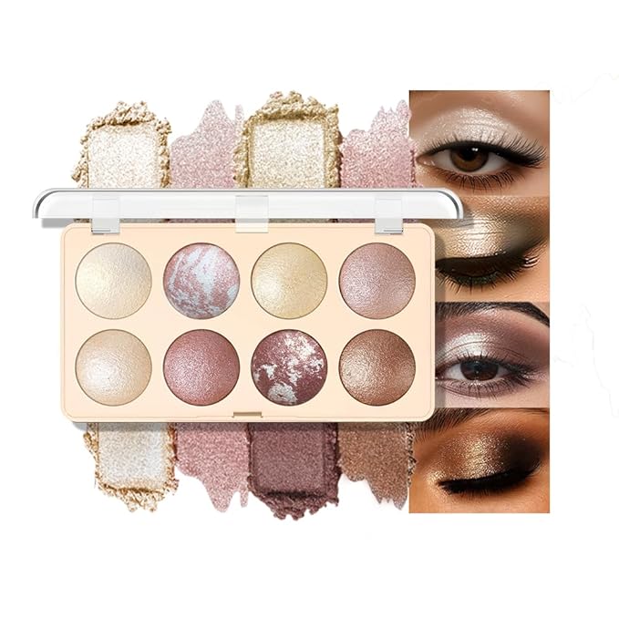 Baked Shimmer Makeup Palette, 8-Color Neutral Champagne Gold Eyeshadow & Highlight Palette – High Pigment Soft Glow, No Fallout, Long-Lasting Eye Makeup for Everyday Radiant Looks 2#