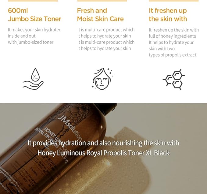 JMSolution Honey Luminous Royal Propolis Toner XL Black – Intensive Moisture Care Hydrating Toner - 20.3 fl oz