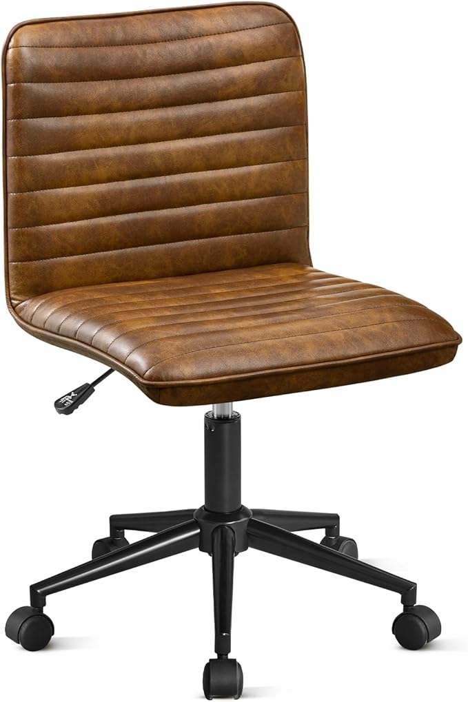 Furniliving Leather Office Chair with Wheels Armless Vanity Desk Chair 360° Swivel Computer Rolling Chair with Mid Back, Height Adjustable Accent Chairs with Gold Metal Base Stool, PU YellowBrown