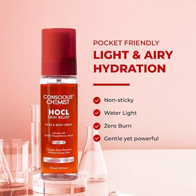 Conciuos Chemists HOCL Skin Relief Face & Body Spray | 100ml | Soothing & Repairing Toner | Hypochlorous Acid Mist for Quick Relief from Body Odour, Acne, Redness & Irritation