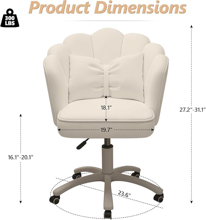 Home Office Desk Chair Swivel Rolling Vanity Chair with Silent Wheels and Comfortable Back, Adjustable Height Upholstered Computer Task Chair for Makeup, Bedroom