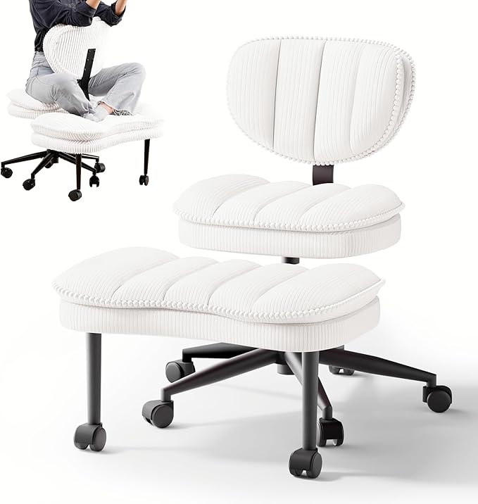 Cross Legged Office Chair, Ergonomic Cloud Criss Cross Desk Chair, Meditation Chair with Wheels, Height Adjustable Seat for ADHD, Wide Kneeling Chair with Back Support, Corduroy Fabric,White
