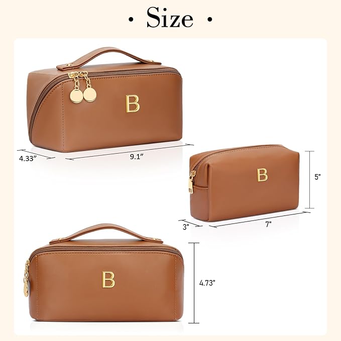Birthday Gifts for Women Teen Girl, Personalized Initial Makeup Organizer Bag Set, Open Flat Travel Cosmetic Bag With Clear Divider and Handle(Brown,B)