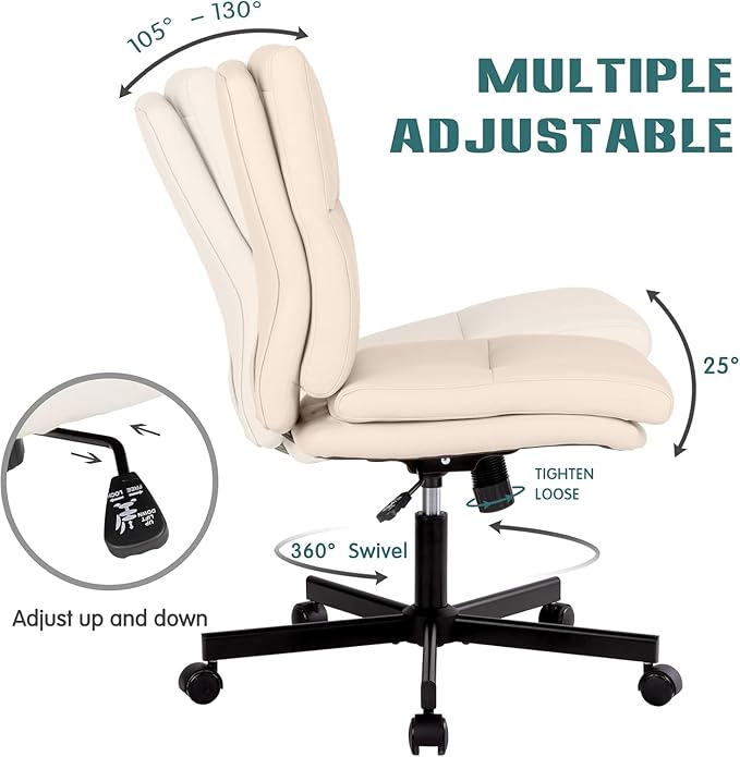 LUCKWIND Armless Office Desk Chair with Wheels, Mid-Back Criss Cross Swivel Task Chair, Height Adjustable Cushioned Vanity Chair, Double Padded PU Leather Chair for Home, Office & Bedroom, Beige White