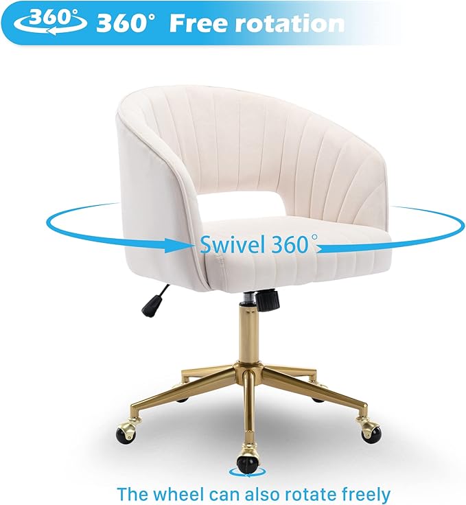 Home Office Chair Swivel Velvet Desk Chair Accent Armchair Upholstered Modern Tufted Chairs with Gold Base for Girls Women Ergonomic Study Seat Computer Task Stools for Living Room(Cream)