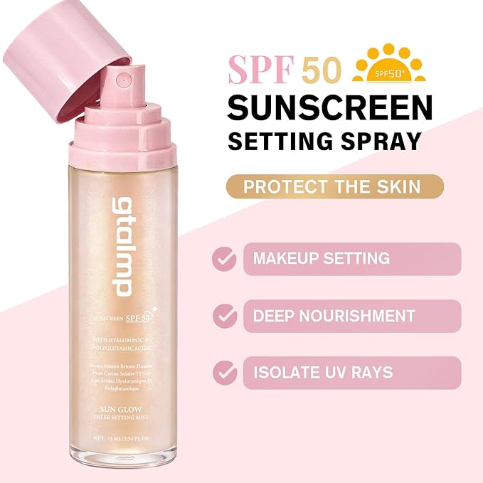 Sheer Setting Mist Sunscreen SPF 50, Glitter Body & Face Sunscreen Spray, Weightless, Fast Drying Setting Spray for a Hydrated, Dewy Finish, Beach, Festival, Summer Vacation (1 Pack)