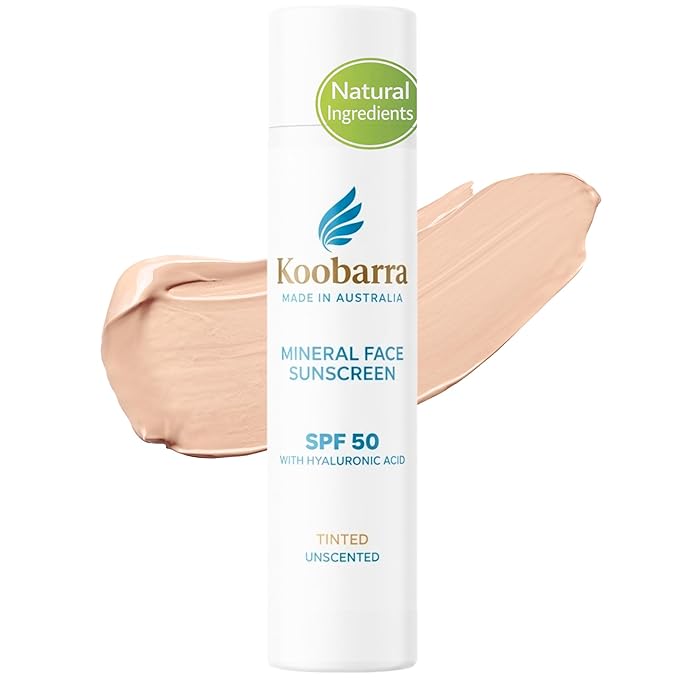 Mineral Face Sunscreen SPF 50, Tinted Aussie Zinc Oxide Sunblock, Hydrating Hyaluronic Acid, Reef Safe, Natural, Organic, Vegan, Australian Made, Sensative Skin, Unscented, 100g 3.4oz