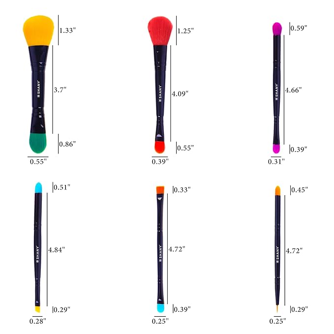 SHANY Vegan Makeup Brushes - LUNA - 6 PC Double Sided Travel Make up Brushes with 12 unique Bristles sides - Brush storage Pouch - Synthetic Cosmetics Brush