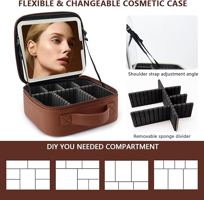 Travel Makeup Bag for Makeup Artists Large Makeup Case,with Mirror 3 Color Setting and Detachable 10x Magnifying Mirror Travel Makeup Bag,Portable Storage and Adjustable Dividers（dark brown）