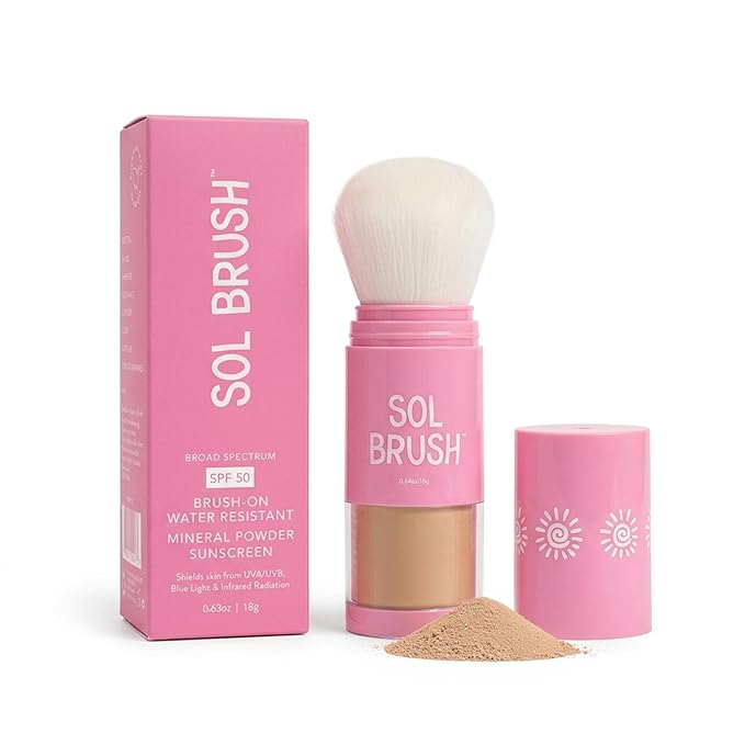 SPF 50 Mineral Sunscreen Powder, Broad Spectrum UVA/UVB Protection Sunscreen, Mess Free Brush On Applicator, Clean & Cruelty Free, Water Resistant (80 Minutes), Pink, Medium