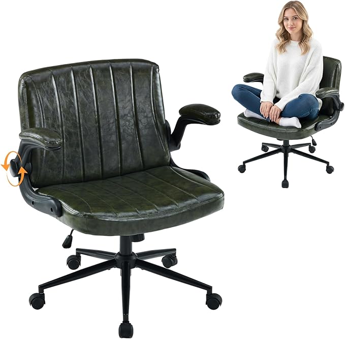 VINGLI Criss Cross Chair with Adjustable Flip-Up Arms,Cross Legged Chair with Wheels, Extra Wide Office Chair,Comfortable Desk Chair for Home Office, Vanity, Bedroom, PU Leather,Dark Green
