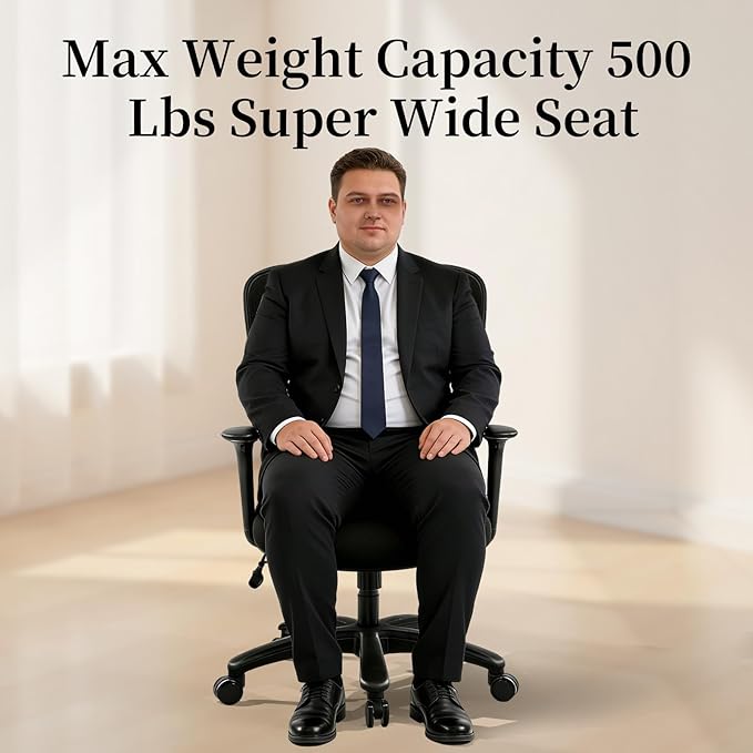YFO Big and Tall Office Chair 500LBS - Computer Desk Chair with Adjustable Lumbar Support, Heavy Duty Ergonomic Mesh with 360 Rotation 4D Arm and Extra Wide Comfty Seat, Quiet Wheels for Adults, Black