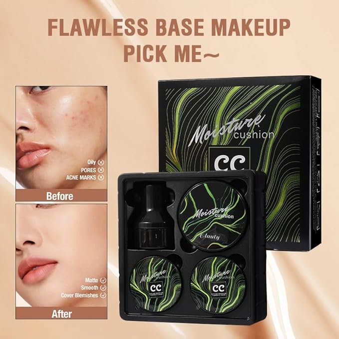 Moisture Cushion CC Cream Foundation for Mature Skin - Flawless Concealer BB Cream with Mushroom Sponge, Long-Lasting Waterproof Air Cushion, Natural (03# – Refill Kit (1 Full + 2 Refills))