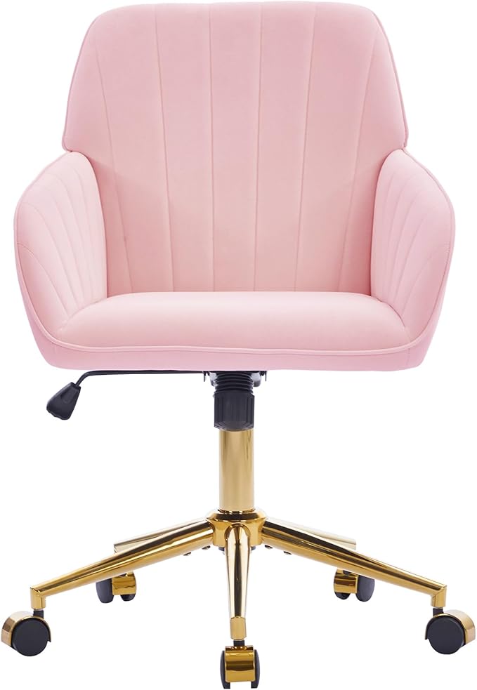 Velvet Home Office Desk Chair, Modern Cute Computer Task Chair with Back, Height Adjustable Upholstered Vanity Chair with Swivel Wheels for Women, Girls (Gold Base, Pink