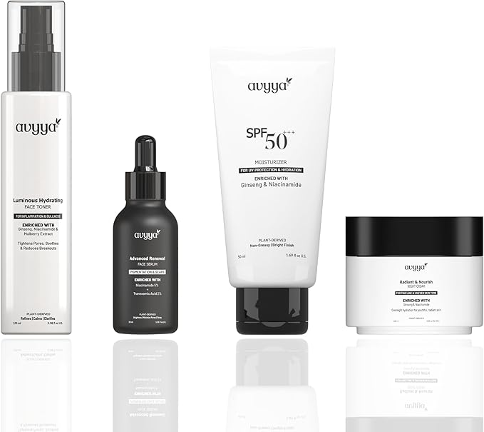 Complete Skincare Kit | Hydrating Toner 3.38 fl oz, Face Serum 1.01 fl oz, SPF Moisturizer 1.69 oz, Night Cream 3.38 oz | Brightening and Anti-Aging Cream 3.52 oz | All Skin Types