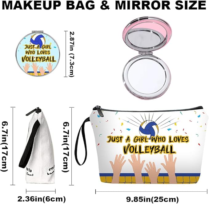 Personalized Volleyball Makeup Bag set with Mirror for girls,volleyball stuff Cosmetic bag kit for Volleyball Players with10 pieces brush set,ball Gifts for Women Mom femal friends