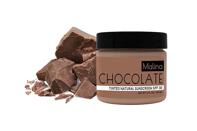 Malina™ Organic Chocolate Tinted Natural Sunscreen | SPF 30+ | Nontoxic | Reef-Safe | No Preservatives | No Synthetic Fragrance | 3 Shades | With Non-Nano Zinc-Oxide (2 Fl Oz, Medium)