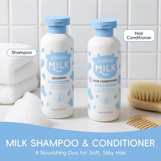 Milk Skincare Set 5-in-1 for Kids & Teens Girls 8-12, Gentle Milk Extract Bathing Cleaning Kit with Body Wash, Shampoo, Hair Conditioner, Body Lotion, Makeup Bag(Set B)