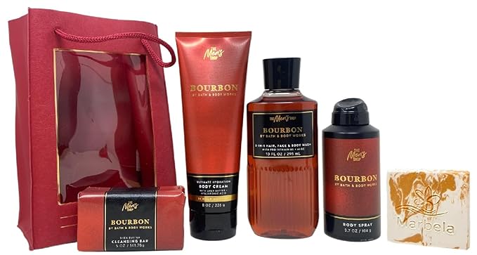 Bath & Body Works Men's Collection Bourbon Gift Set- Ultimate Hydration Body Cream - 3-in-1 Hair, Face & Body Wash - Body Spray and Cleansing Bar - with a Peach Gardenia Sample Soap