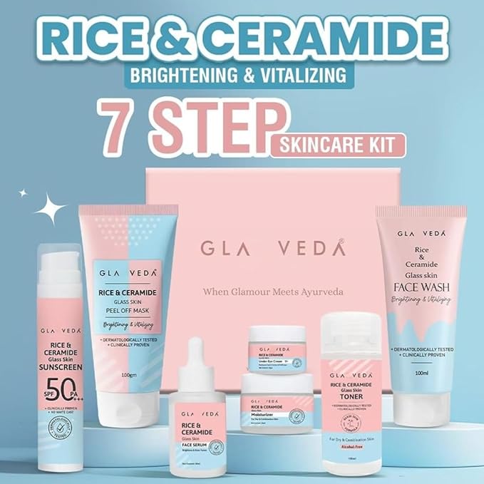 Gla veda Korean 7 Step Winter Skincare Kit for Women | Rice & Ceramide Routine | Gift Box | Skin Brightening, Anti-Ageing | Face Wash+Toner+Moisturizer+Serum+Mask+Sunscreen+Under Eye Cream