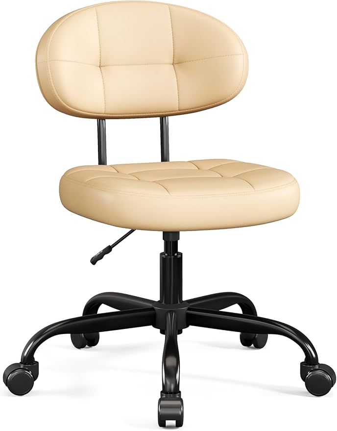 Misolant Vanity Chair with back, Small Armless Cute office Chair with wheels and Lumbar support, Comfy PU Leather Desk Computer Chairs with Adjustable Height, 360°Swivel for Home Bedroom Office, Khaki