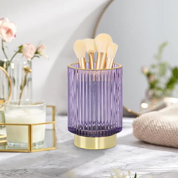 Purple Makeup Brush Holder, Glass Toothbrush Holders for Bathrooms, Gold Pen Holder for Desk, Vintage Make Up Brush Holder Vanity Organizer for Brushes, Lipstick, Eyebrow Pencil
