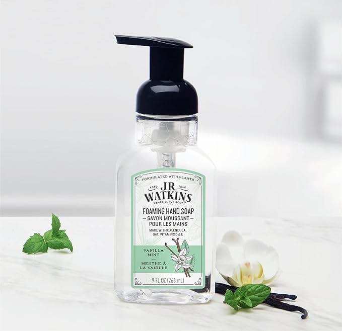 J.R. Watkins Foaming Hand Soap Pump with Dispenser, Moisturizing Hand Soap Foam, Alcohol-Free and Cruelty-Free, Use for Kitchen or Bathroom, Menthe a la Vanille/Vanilla Mint, 9 fl oz, 3 Pack
