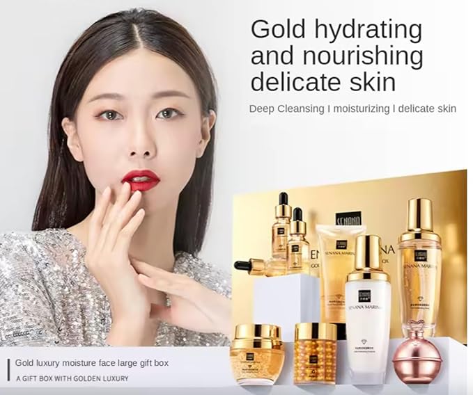QueenLine 9PCS 24K Gold Facial Cleanser Eye Creams Face Cream Serum Lotion Toner Brightening Moisturizing Face Care Skin Care Sets