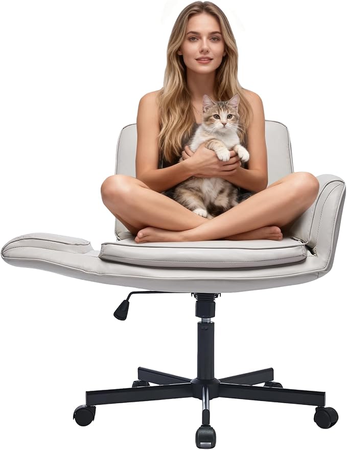PU Leather Criss Cross Office Chair with Armrests & Wheels, 5-Gear Flip Up Arms Comfy Desk Chair for Women, Height Tilt Adjustable Swivel Chair for Home Office, Make Up, Bed Room and Living Room