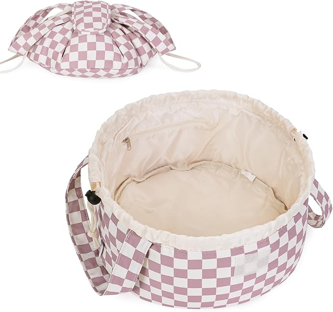 Narwey Barrel Drawstring Checkered Makeup Bag Large Cosmetic Bag Make up Bags Toiletry Bag Travel Bags for Toiletries Organizer for Women Gift for Teen Girls (Dusty Pink Checkerboard) (Patent)