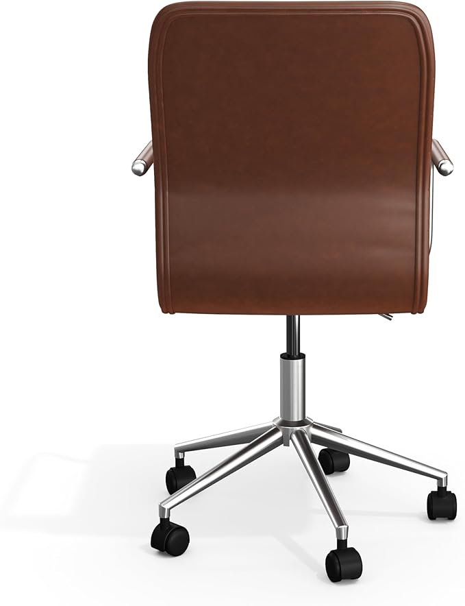 Martha Stewart Taytum Swivel Task Chair with Armrests for Home Office in Saddle Brown Faux Leather with Polished Nickel Frame