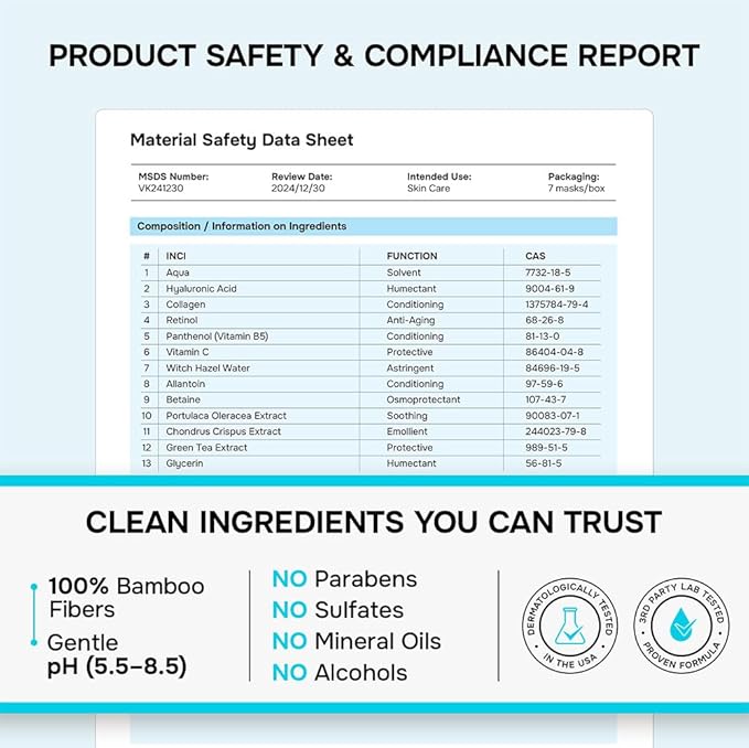 SimplyVital Collagen Facial Mask with Retinol & Hyaluronic Acid - Hydrating Face Masks Skincare - T Line & V Line Sheet Mask for Women Skin Care - Mascarillas Para la Cara - Cloth Face Masks - 7 Pack