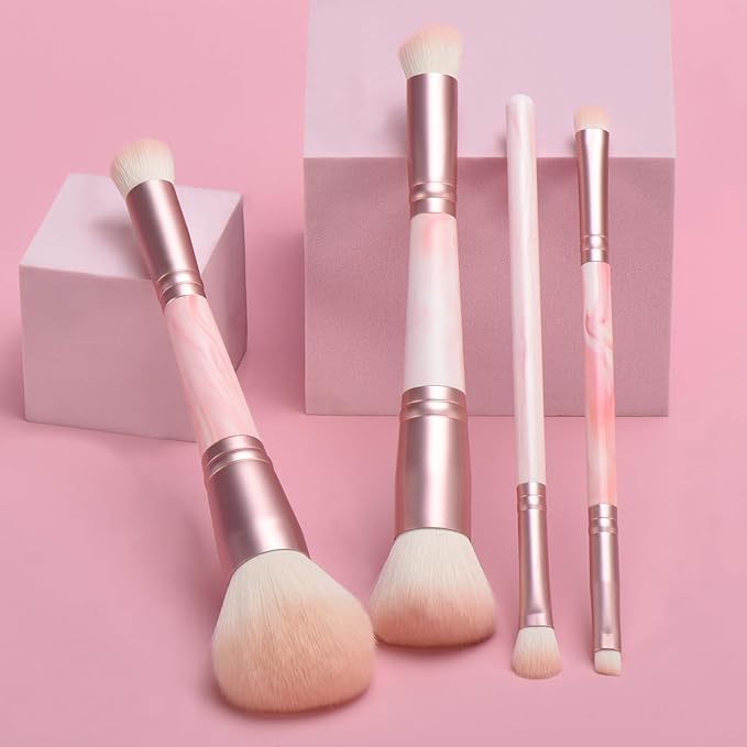 Pink Makeup Brushes set, 4 Dual-Ended Brushes, 3 Makeup Sponges & 1 Metal Stand, Professional Complete Cosmetic Brush Set, for Foundation Powder Blush Eyeshadow