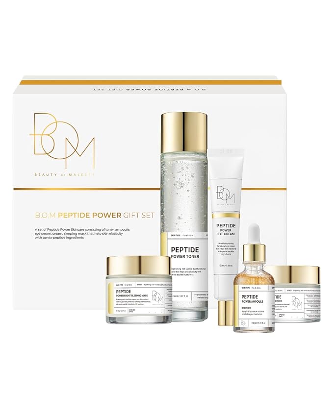 BOM COSMETICS A Set of Peptide Power Skincare With 5 Kinds of Items (Toner, Ampoule, Cream, Eye Cream, Sleeping Mask), 24K Gold & Penta-peptide for Skin Collagen Boost, Korean Skincare